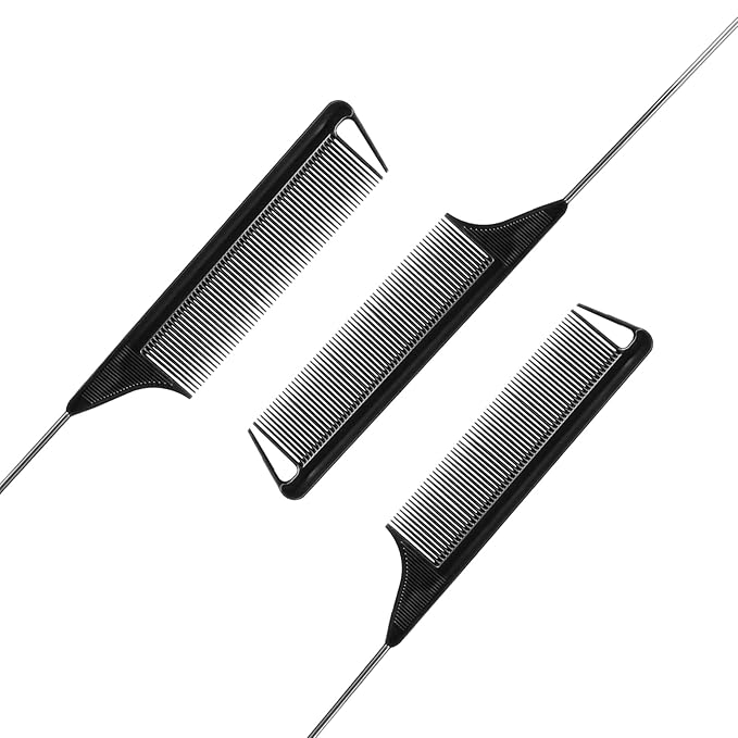 Rat Tail Combs Set: 3-Pack Teasing Styling Combs with Long Steel Pins for Women, Parting Combs for All Hair Types (Black)