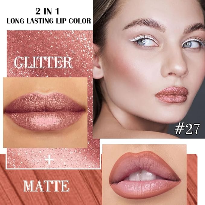 evpct Nude Gold Metallic Glitter Lip Liner and Lipstick Combo Lip Gloss Stain Set Makeup for Women Long Lasting Waterproof 24, Non Stick Cup Metal Shine Shiny Shimmer Iridescent Liquid Lipstick 27