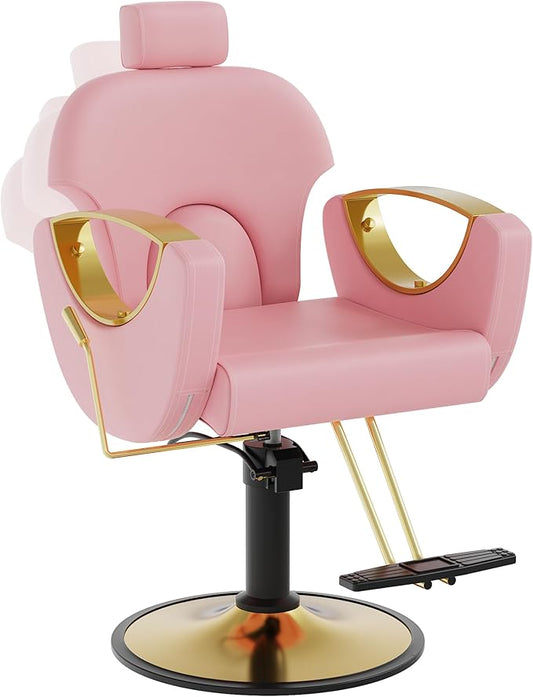 Barber Chair, Reclining Hair Salon Chair, 360 Degrees Swivel Styling Chair, Height Adjustable Hydraulic Shampoo Chairs, Spa Equipment (Pink)