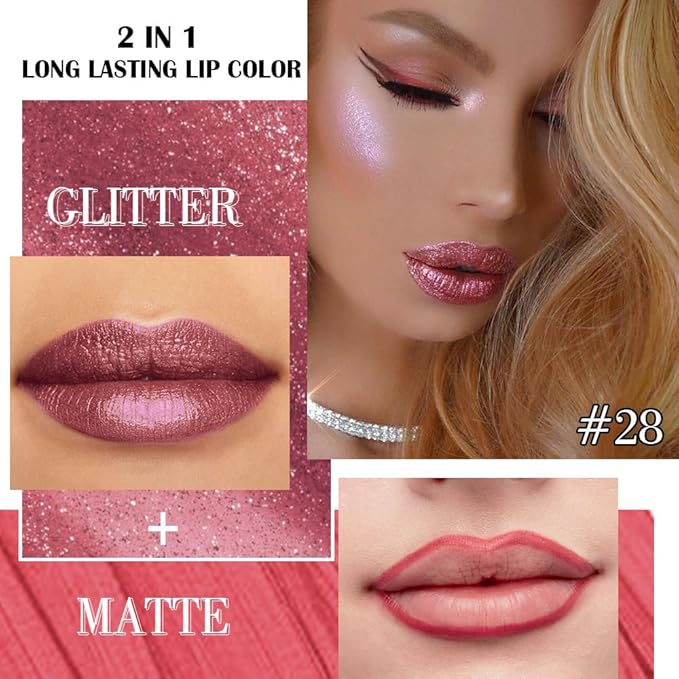 evpct Light Plum Red Metallic Glitter Lip Liner and Lipstick Combo Lip Gloss Stain Set Makeup for Women Long Lasting Waterproof 24, Non Stick Cup Metal Shine Shiny Shimmer Iridescent Liquid Lipstick