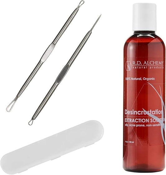 RD Alchemy - Desincrustation Solution + 2 Piece Blackhead Extractor Tools to Open pores, Soften blackheads and Make extractions Easier. for Home or Professional spas.
