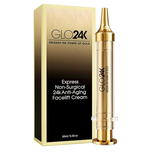 GLO24K Instant Facelift Cream with 24k Gold, Hyaluronic Acid, Peptides, and Vitamins A,C,E - Non-Invasive Alternative to Injections for Fast Results