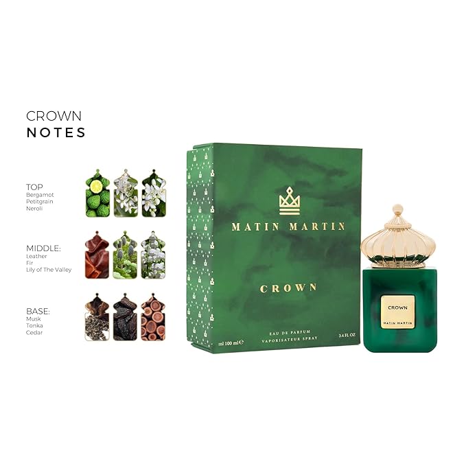 Matin Martin Crown for Unisex - Arabian Perfume for Women & Men - Long Lasting Spice & Citrus Fragrance with Bergamot, Leather, Musk, Cedarwood Notes - Arabic Cologne - Travel Size - 3.4 oz EDP Spray