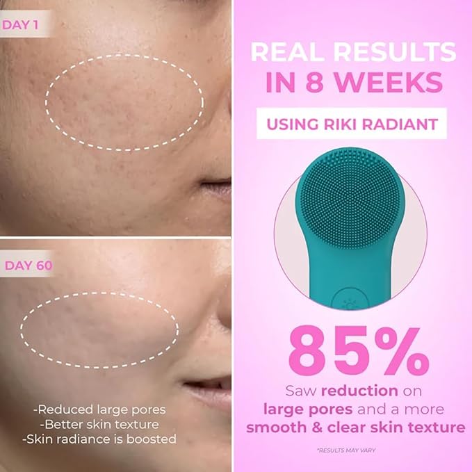 Riki Radiant Electric Silicone Face Scrubber - 2-in-1 Facial Rotating Vibrating Exfoliating Brush - Waterproof & Portable, Rechargeable, for Cleaning, Exfoliation, Massage, for Men & Women (Pink)