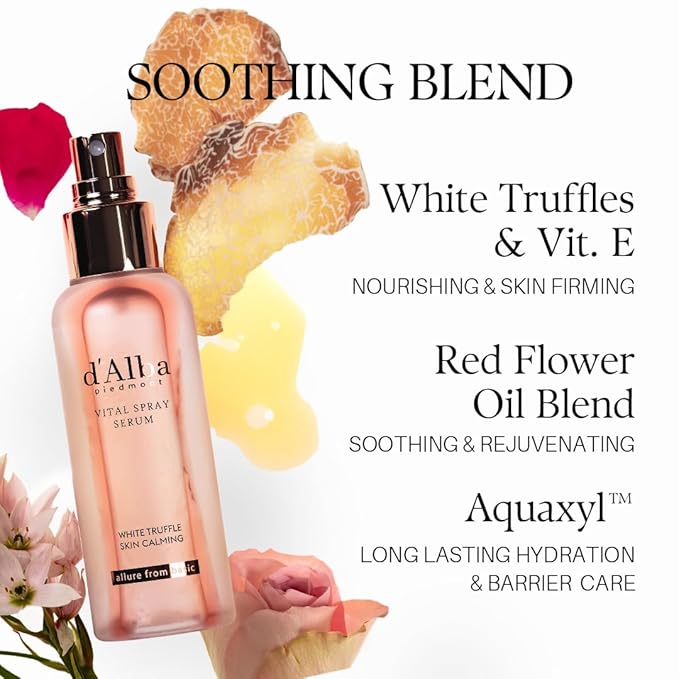 d'alba Piedmont White Truffle Vital Spray Serum, Vegan Skin Care, Calming and Hydrating Facial Mist for Red and Sensitive Skin, Glow Serum, Surfactant Free, Korean Skin Care (3.38 fl oz.)