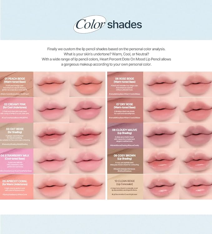 Heart Percent Dote On Mood Lip Liner Pencil, Long-Lasting Creamy Lip Crayon Smooth Lipliner Retractable Lipstick Overlip Line Color 0.8g, #04. Strawberry Milk