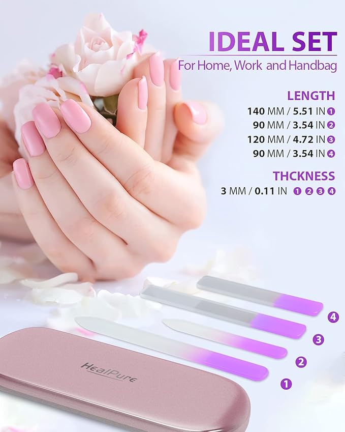 Glass Nail File and Nail Shiner, 4PC Crystal Nail File and Nano Glass Nail Buffer, Premium Set with Case, Professional Manicure Tool Fingernail Czech File for Natural Nail, Gift for Women and Girls