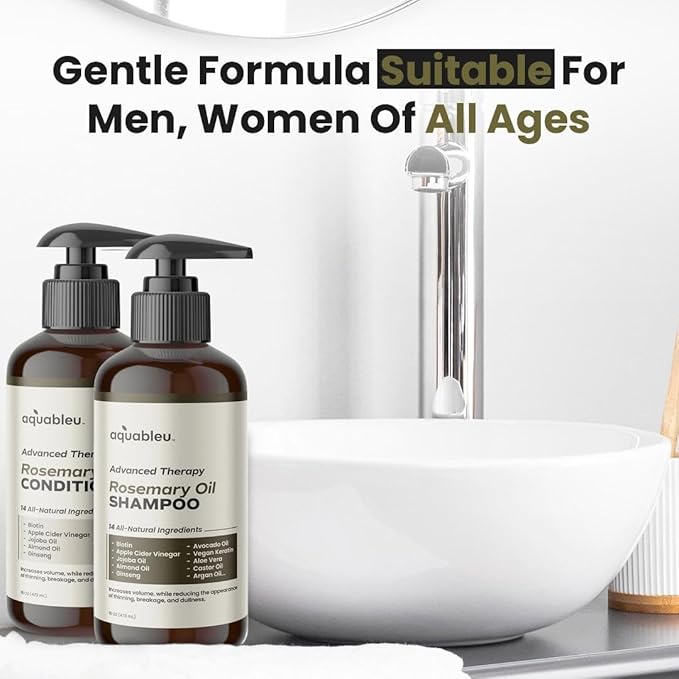 Aquableu Advanced Therapy Anti-Thinning Rosemary Oil Shampoo & Conditioner Set - Infused with 14 All-Natural Ingredients for Volume, Strength, Thickness, and Dullness Reduction (16oz)