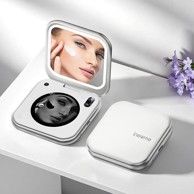inewme UV Camera Mirror for Sunscreen Test, 3-Color LED Light with Real-Time UV & Humidity Sensor, Portable Travel Makeup Mirror, Compact Skin Care Tool