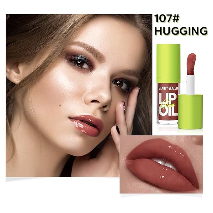 Beauty Glazed Big Brush Head Lip Oil, Ultra-Hydrating & Nourishing, Smooth Glossy Finish Lip Glow Oil, Shiny and Vegan Tinted Lip Gloss, Non-Sticky (4, 101# 102# 105# 107#)