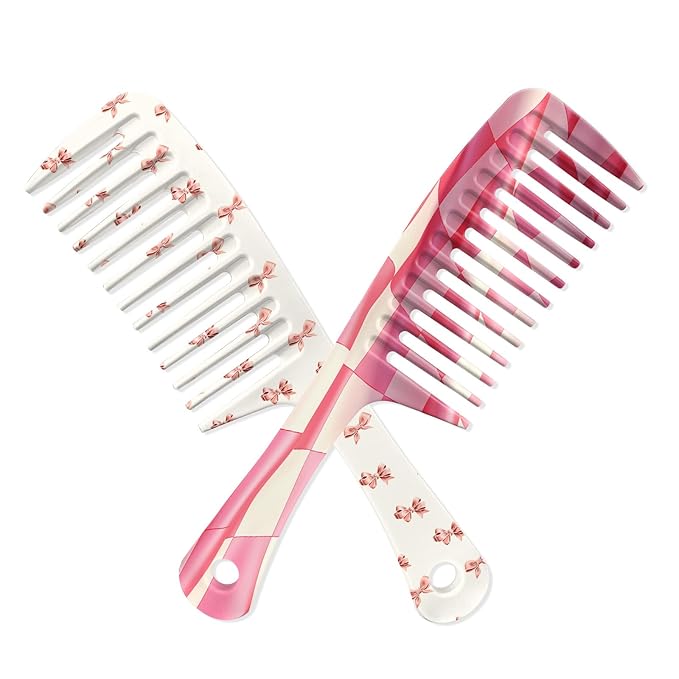 2PCS Wide Tooth Comb,Effortless Tangle Removal for Long Hair Styling Comb for Curly,Wet,Cute Aesthetic Design for Women Men and Girls(Pink-Grid-16)