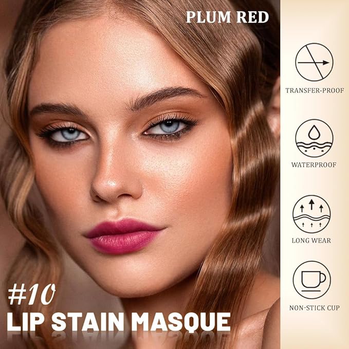 Kaely Plum Red Lip Stain Peel Off Masque, Long Lasting Waterproof Smudge Proof Lip Tint, Non-Transfer Semi Permanent Lipliner Tattoo with Tweezer, Matte Finish, Vegan & Cruelty-Free, 10