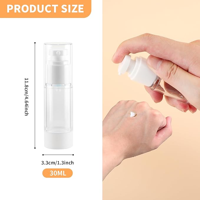 1OZ/30ML Clear Airless Pump Bottles, Lotion Dispenser Travel with Pump, Vacuum Plastic Travel Size Lotion Bottle for Foundation, Creams, Cosmetic(18 Pack)