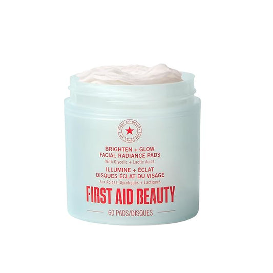 First Aid Beauty - Facial Radiance Pads with Glycolic & Lactic Acids, Daily Exfoliating Pads with AHA, Visibly Smaller Pores, Help Tone & Brighten Skin, One-Step Makeup Prep, Compostable, 60ct