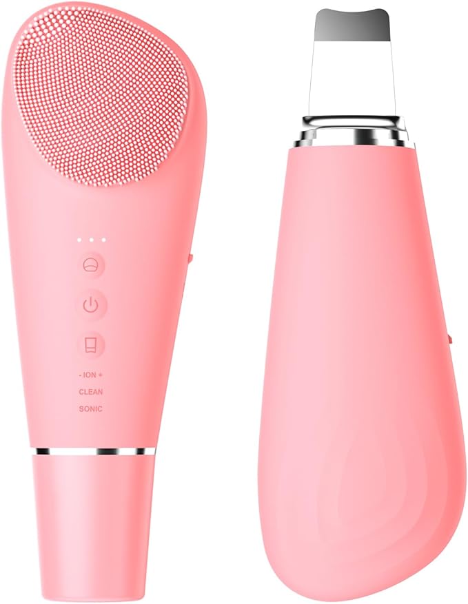 Silicone Face Scrubber Blackhead Scraper Rechargeable 2-in-1 Facial Cleansing Brush & Skin Spatula Duo, IPX7 Waterproof Exfoliating Massager Deep Cleansing for Women and Men（Peachy Pink）