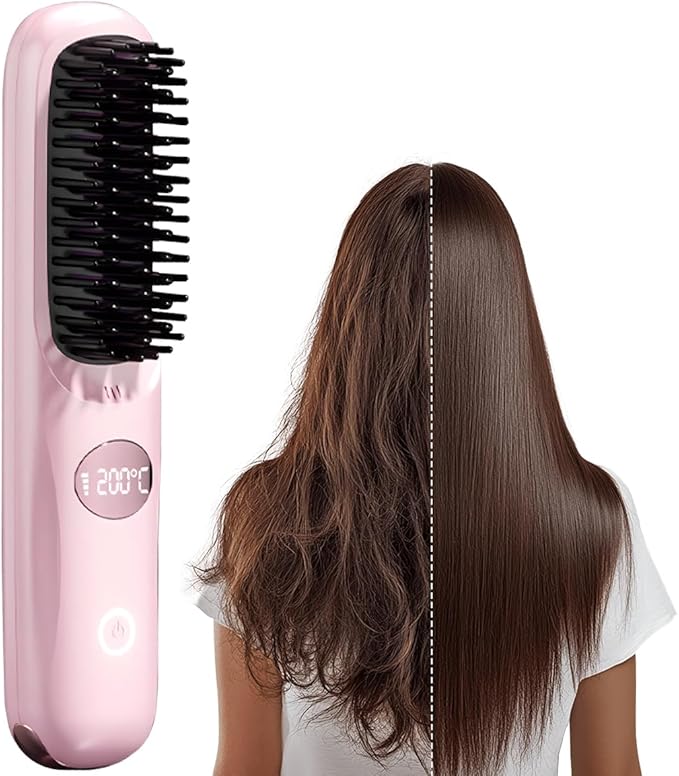 Go Brush Pro, 2026 Upgraded Cordless Hair Straightener Brush, Fast Heating Portable Hair Straightener Comb for Women Travel Essentials 3 Adjustable Temperature (Pink)