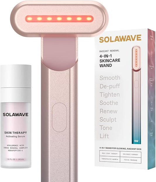 Solawave 4-in-1 Red Light Therapy Wand + Activating Serum | LED Skincare Device for Face & Neck | Facial Tool with Galvanic Current, Massage & Therapeutic Warmth | Reduces Appearance of Fine Lines