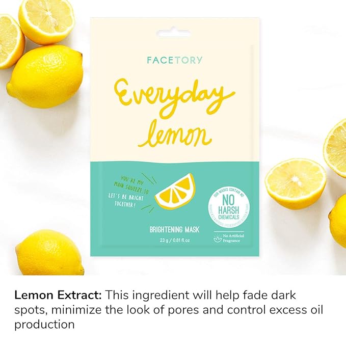 FACETORY K Beauty Face Mask Skin Care - Everyday LEMON Brightening Sheet Mask | Plant-Based with Lemon Extract (10 Pack)