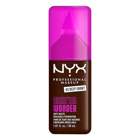 NYX PROFESSIONAL MAKEUP Make 'Em Wonder Liquid Foundation, 24HR Foundation Makeup With A Soft Matte Finish, Buildable Full Coverage - 43 Deep Ebony