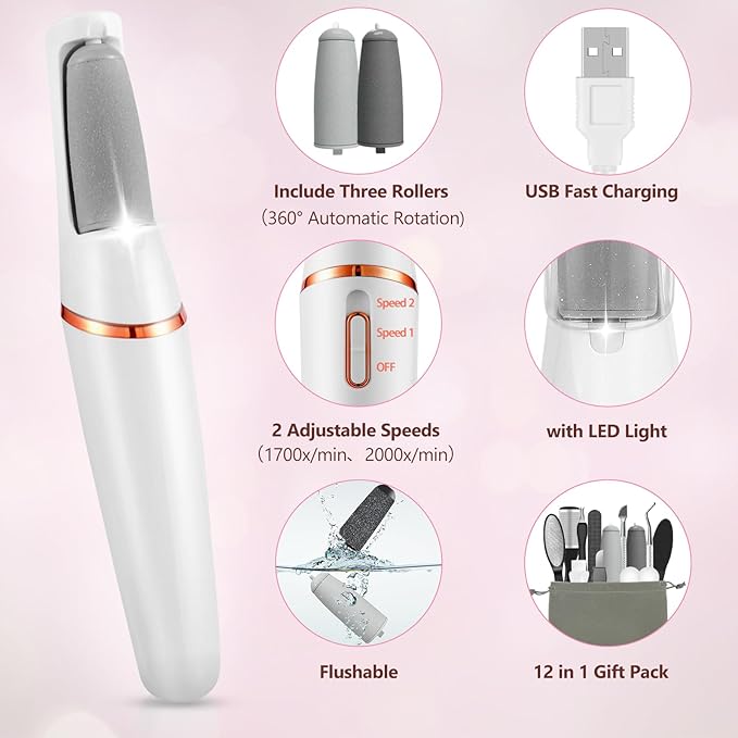 Electric Callus Removers for Feet, Haootadiy Electric Foot Callus Remover Pedicure Kits Rechargeable with12 in 1, Removes Dry Skin for Smoother Feet, Foot Care for Dead Skin Ideal Gift (White)
