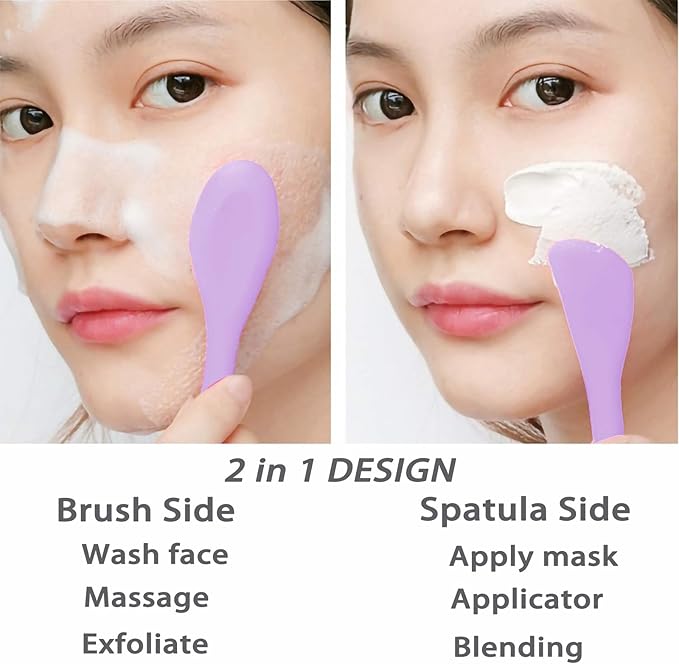 2 in 1 Facial Cleansing Brush&Silicone Face Mask Applicator, 2PCS Face Mask Brush Face Scrubber for Exfoliating, Massaging, Remove Blackheads, Applicator for Mud, Body Lotion, DIY Mask, Pink & Purple