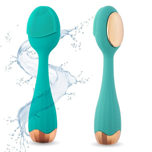 Perry Ellis 4-Speed Gentle Facial Cleansing Brush for Women, Rechargeable Vibrating Silicone Face Scrubber with Cooling Plate, IPX6-Waterproof Massager, Deep-Cleaning and Exfoliating Skin-Care Tool