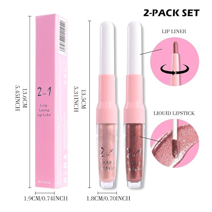 evpct 2Pcs Beige Gold Mature Red Metallic Glitter Lip Liner and Lipstick Combo, Shimmery Lip Gloss Stain Set Makeup for Women LongLasting Waterproof, Metallic Shimmer Iridescent Glossy Liquid Lipstick