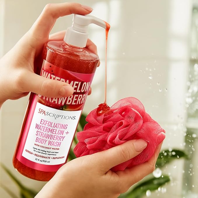 SpaScriptions Watermelon & Strawberry Exfoliating Body Wash - 32 fl oz Scented Natural Daily Cleanse Body Scrub Gel with Moisturizing Coconut Water for Smooth Radiant Refreshing Skin, Paraben Free