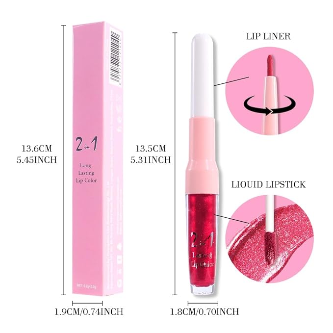 evpct Rose Red Metallic Glitter Lip Liner and Lipstick Combo Lip Gloss Stain Set Makeup for Women Long Lasting Waterproof 24, Non Stick Cup Metal Shine Shimmer Iridescent Liquid Lipstick 25