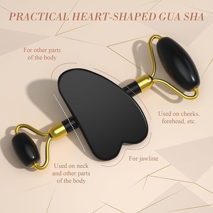 Jade Roller Gua Sha Set - Facial Skin Care Set, Facial Beauty Tools, Natural Beauty Skin Care Tools, Face Roller Massager for Face, Neck, and Eye Treatment,Gua Sha Facial Massager (Black)