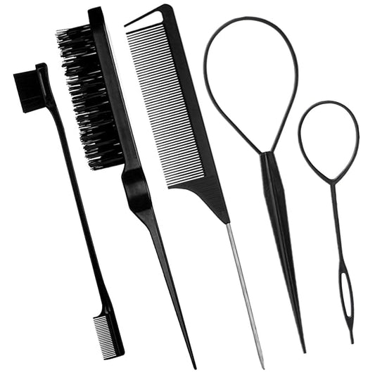 5Pcs Slick Back Brush Set with Topsy Tail Tool, Teasing Bristle, Rat Comb for Women & Girls Hair Styling, Flyaways Control and Edge Combing - BIACK