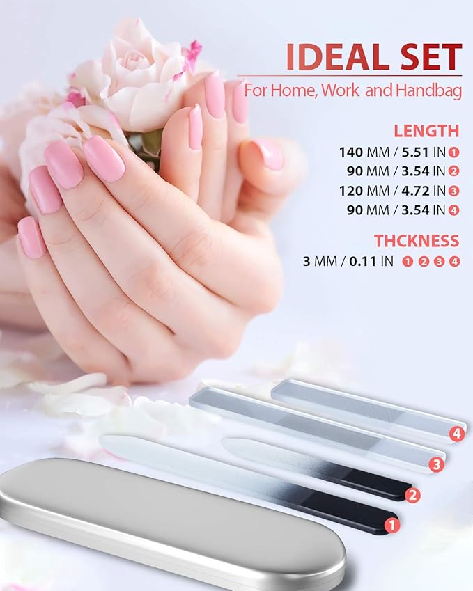 Glass Nail File and Nail Shiner, 4PC Crystal Nail File and Nano Glass Nail Buffer, Premium Set with Case, Professional Manicure Tool Fingernail Czech File for Natural Nail, Gift for Women and Girls