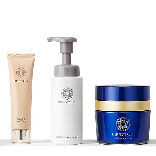 PERFECT ONE Luxury Japanese Skincare Trio Set: Night Cream, Bubble Face Wash, Body Cream | Face Moisturizing Night Cream + Facial Cleanser for Hydration, Firmness & Radiance | Bubble Cleanser Set