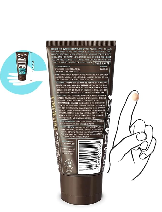 Skinnies Sungel New Formula SPF30 Eco Sunscreen, 3.4oz UVA UVB, Not Diluted With Water, Reef Safe, Vegan, Use Pea Size Blob