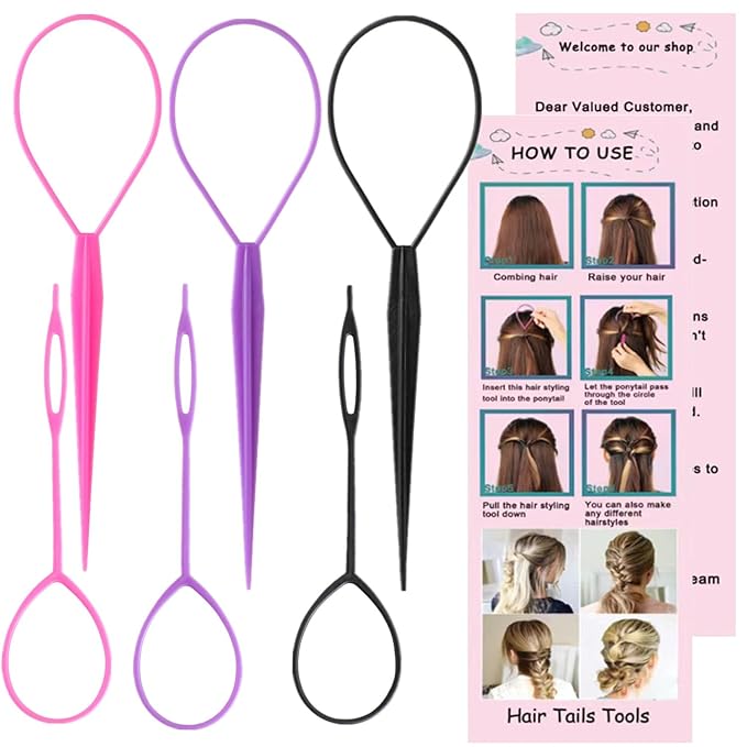 9pcs Topsy Hair Tail Tool and rat tail comb set,6pcs French Braiding Tool ring,3Pcs Metal Parting Combs,Woman Girl Hair Styling (Pink,Purple, Black)