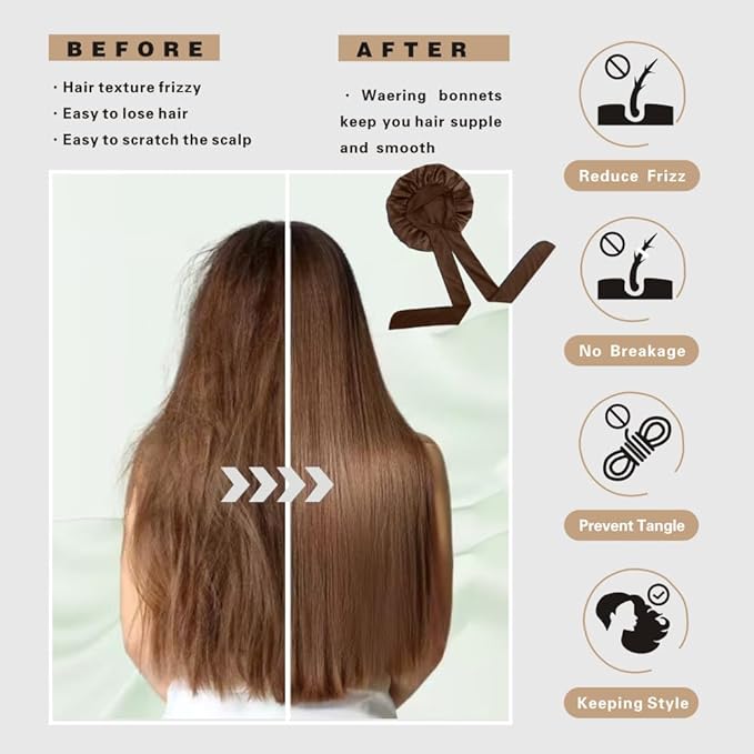 Silk Bonnet for Sleeping Women, Ajustable Hair Bonnet for Curly Hair with Tie Band Shower Caps Brown，Large