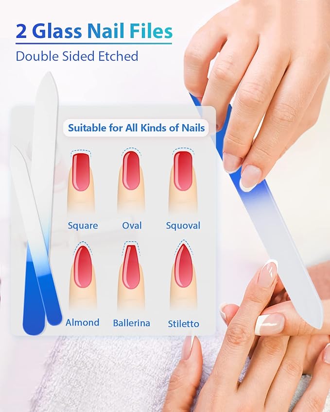 Glass Nail File and Nail Shiner, 4PC Crystal Nail File and Nano Glass Nail Buffer, Premium Set with Case, Professional Manicure Tool Fingernail Czech File for Natural Nail, Gift for Women and Girls