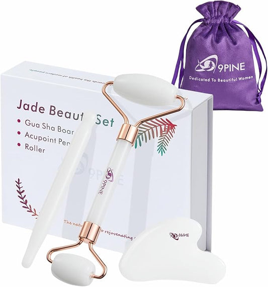 Jade Roller Gua Sha Beauty Pen Set, Face Roller Redness Reducing Skin Care Tools, Facial Tools for Face Massager,Relieve Fine Lines and Wrinkles,Self Care Gift for Women (White)