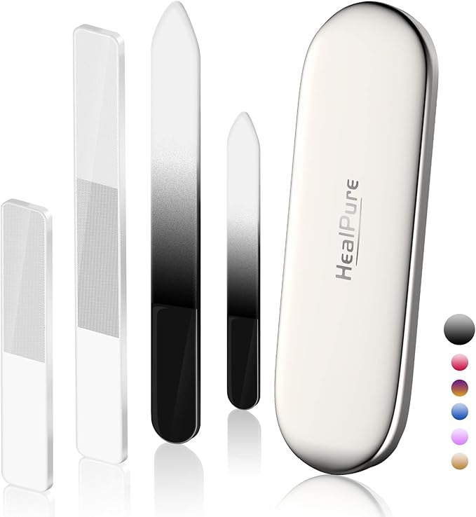 Glass Nail File and Nail Shiner, 4PC Crystal Nail File and Nano Glass Nail Buffer, Premium Set with Case, Professional Manicure Tool Fingernail Czech File for Natural Nail, Gift for Women and Girls
