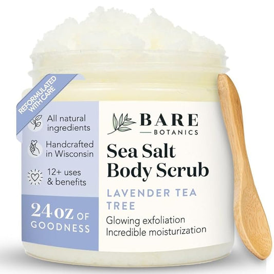 Bare Botanics Lavender Tea Tree Body Scrub 24oz | Made in Madison, WI | All Natural Sea Salt Exfoliator w/ Skin Loving Moisturizers | Vegan & Cruelty Free | Gift Ready Packaging w/ a Cute Wooden Spoon