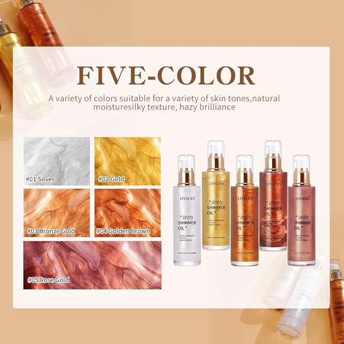 Liyalan Shimmer Body Oil 5 Color Gold 3.38 Fl Oz Face Glow Pearl Highlighter Illuminator Body Makeup Shine Glitter Gold Liquid Taning