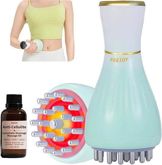 Lymphatic Drainage Massager & Massage Tool with Cellulite Oil, Body Sculpting Machine & Fascia Blaster for Cellulite with Microcurrent, Light, Heat & Vibration, for Legs, Arms & Belly
