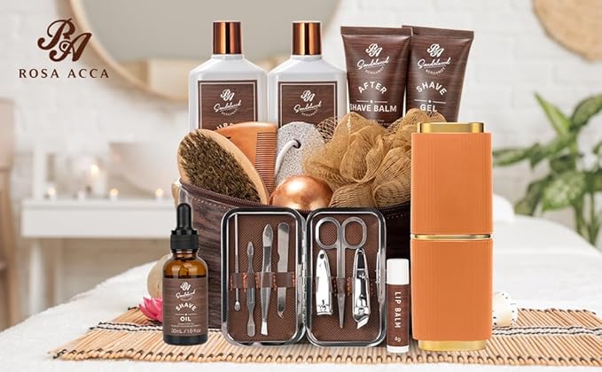 Valentines Day Gifts for Men, 21 Pcs Sandalwood Bath & Body Care Kit, Beard Gift Set for Men, Shave Beard Kit, Leather Bag, Home Spa Kit, Relaxing Men's Gift Basket, Birthday, Father's Day Gift