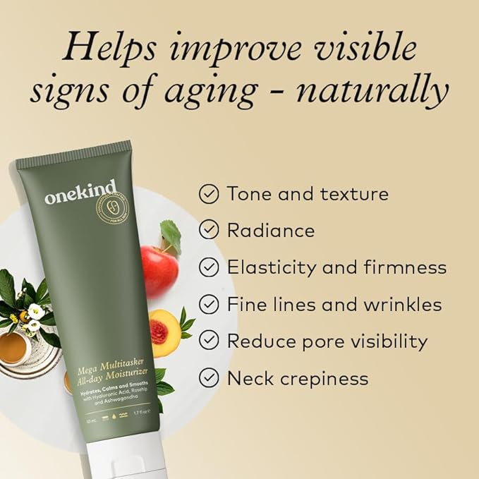Onekind Mega Multitasker All-Day Moisturizer, Hydrating Face Cream with Hyaluronic Acid and Glycerin, Fragrance-Free Anti-Aging Moisturizer for Sensitive & Mature Skin, Clean Skincare, 1.7 oz