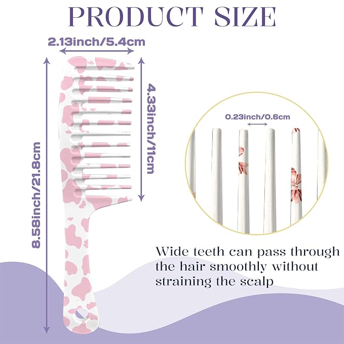 2PCS Wide Tooth Comb,Effortless Tangle Removal for Long Hair Styling Comb for Curly,Wet,Cute Aesthetic Design for Women Men and Girls(Pink-Cow Bow-02)