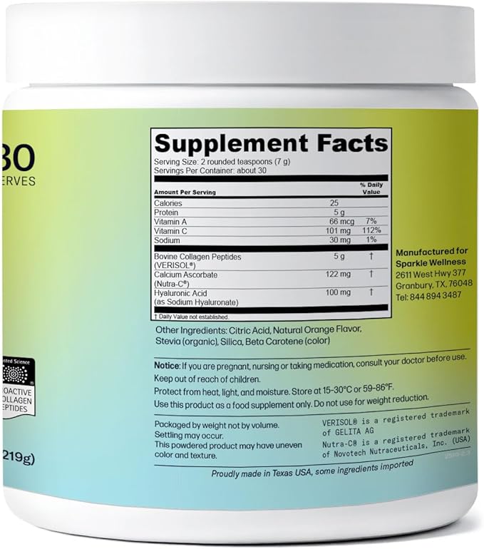 Sparkle Wellness VERISOL Bioactive Hydrolyzed Collagen Peptides | Collagen Powder Supplement with Vitamin C & Hyaluronic Acid for Hair, Skin, and Nail Health | Skin Boost Plus (Orange) [30-Serves]