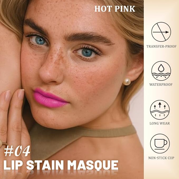 Kaely Hot Pink Lip Stain Peel Off Masque, Long Lasting Waterproof Smudge Proof Lip Tint, Non-Transfer Semi Permanent Lipliner Tattoo with Tweezer, Matte Finish, Vegan & Cruelty-Free, 04
