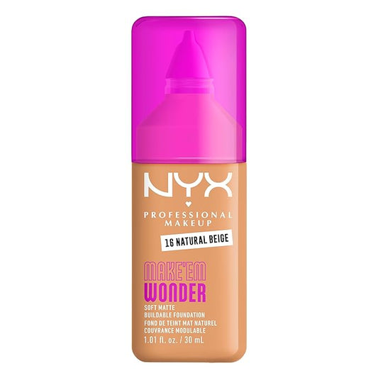 NYX PROFESSIONAL MAKEUP Make 'Em Wonder Liquid Foundation, 24HR Foundation Makeup With A Soft Matte Finish, Buildable Full Coverage - 16 Natural Beige