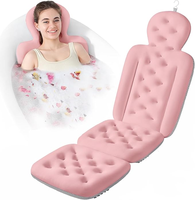 Luxury Bath Cushion, Full Body Bathtub Pillow with 160 Suction Cups, Bath Mat for Head and Neck Support, with Laundry Bag (Light Pink, 51.2" x 16.2")