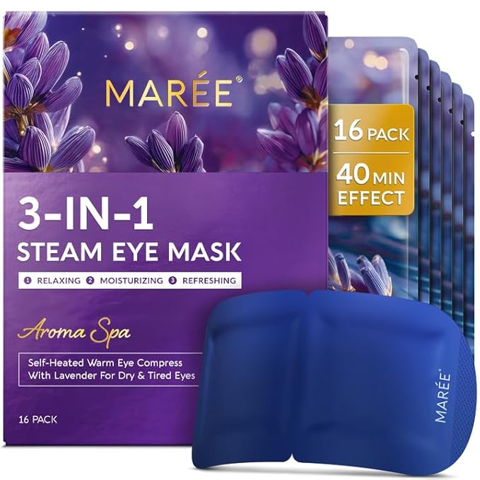 MAREE Steam Eye Mask — 3-in-1 Heated Eye Mask for Dry Eyes — Masks for Women for Puffy Eyes — Steam Eye Masks Disposable — Warm Compress for Eye — Spa Gifts for Women Relaxation — Travel Essentials